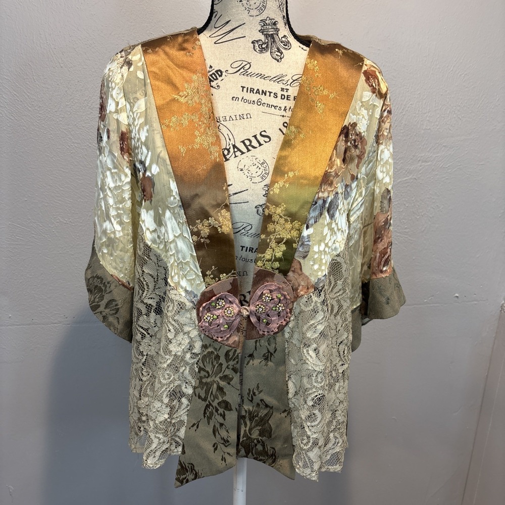 Vintage Spencer Alexis Floral Sheer Lace Open Front Kimono Style Blouse Medium